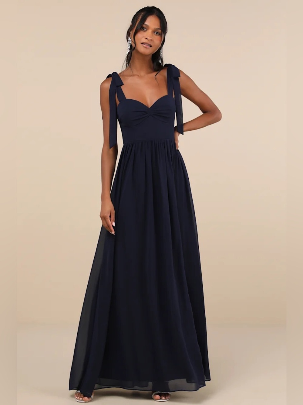 Lulus Radiant Charisma Navy Chiffon Ruched Tie-Strap Maxi Dress Size M NWT